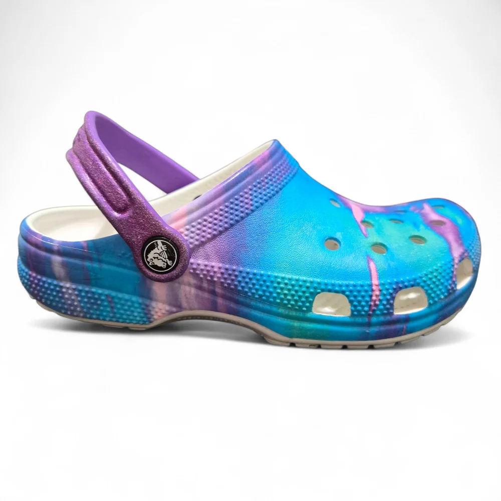 CROCS Classic Tie Dye Clogs Shoes Junior 3 Blue Purple Baya Waterproof Logo - Picture 6 of 9
